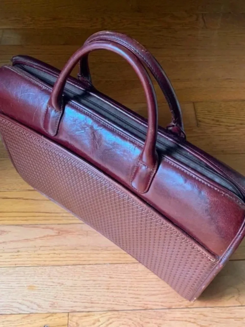 Vintage Woven Leather Briefcase in Oxblood